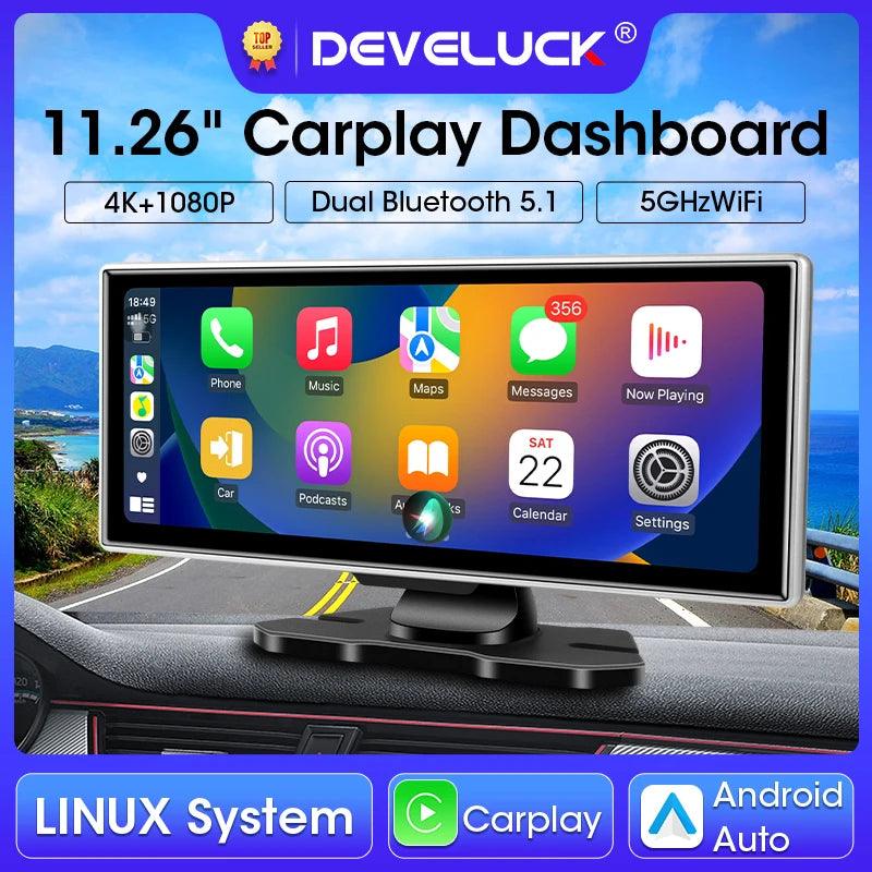 11.26" 4K Car DVR – Dual Lens Dash Cam with Wireless CarPlay & Android Auto